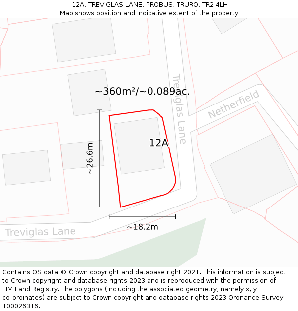 12A, TREVIGLAS LANE, PROBUS, TRURO, TR2 4LH: Plot and title map