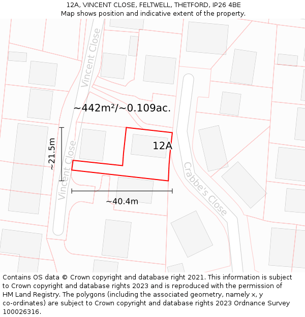 12A, VINCENT CLOSE, FELTWELL, THETFORD, IP26 4BE: Plot and title map