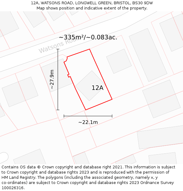 12A, WATSONS ROAD, LONGWELL GREEN, BRISTOL, BS30 9DW: Plot and title map