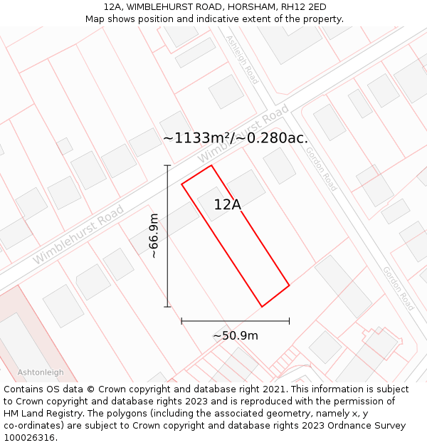 12A, WIMBLEHURST ROAD, HORSHAM, RH12 2ED: Plot and title map