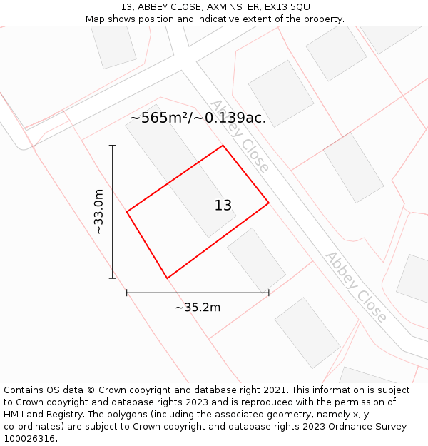 13, ABBEY CLOSE, AXMINSTER, EX13 5QU: Plot and title map