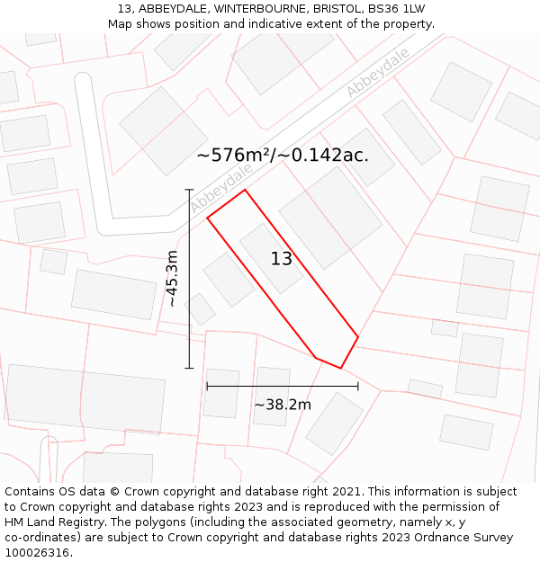 13, ABBEYDALE, WINTERBOURNE, BRISTOL, BS36 1LW: Plot and title map