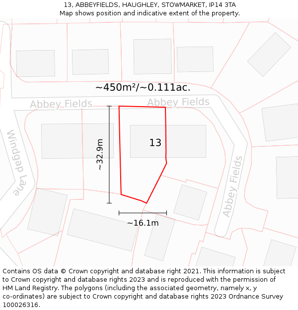 13, ABBEYFIELDS, HAUGHLEY, STOWMARKET, IP14 3TA: Plot and title map