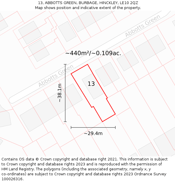 13, ABBOTTS GREEN, BURBAGE, HINCKLEY, LE10 2QZ: Plot and title map