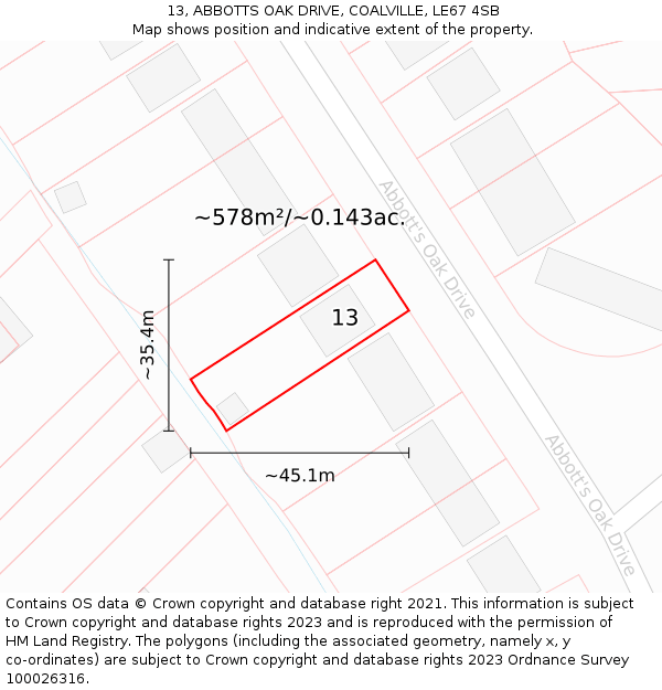 13, ABBOTTS OAK DRIVE, COALVILLE, LE67 4SB: Plot and title map