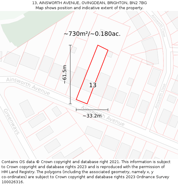 13, AINSWORTH AVENUE, OVINGDEAN, BRIGHTON, BN2 7BG: Plot and title map
