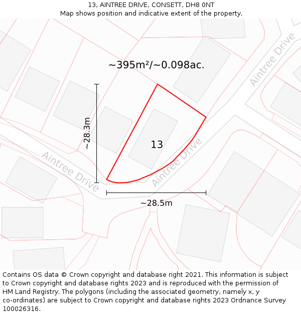 13, AINTREE DRIVE, CONSETT, DH8 0NT: Plot and title map