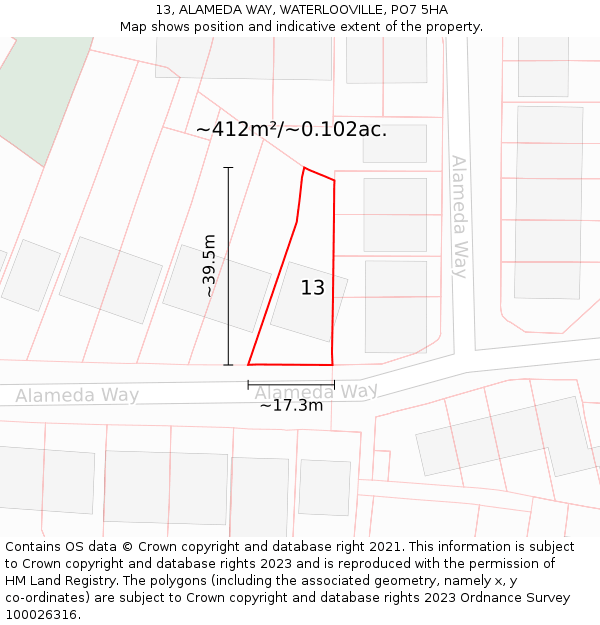 13, ALAMEDA WAY, WATERLOOVILLE, PO7 5HA: Plot and title map