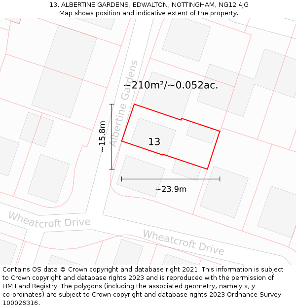 13, ALBERTINE GARDENS, EDWALTON, NOTTINGHAM, NG12 4JG: Plot and title map