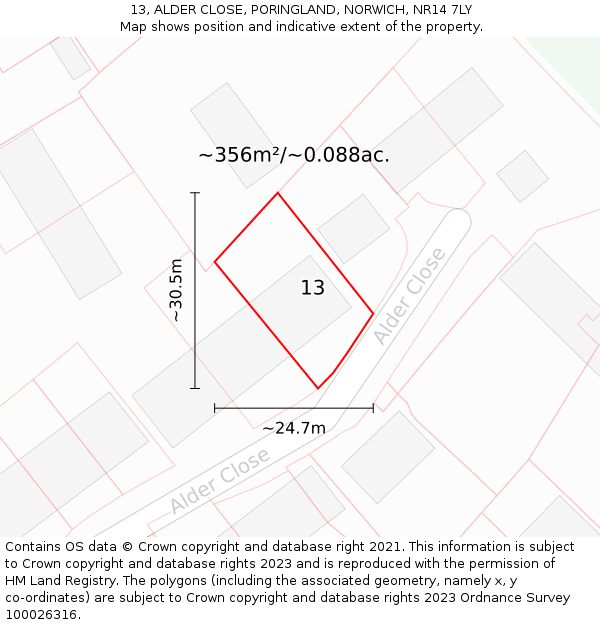 13, ALDER CLOSE, PORINGLAND, NORWICH, NR14 7LY: Plot and title map