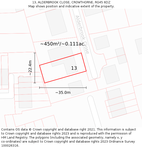 13, ALDERBROOK CLOSE, CROWTHORNE, RG45 6DZ: Plot and title map