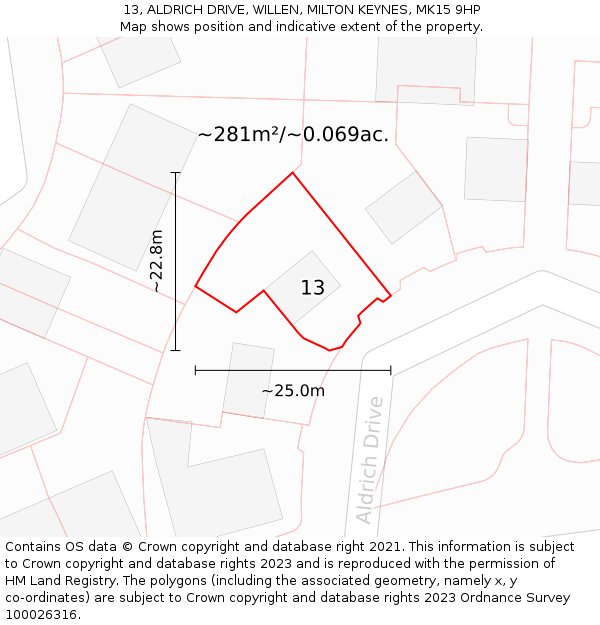 13, ALDRICH DRIVE, WILLEN, MILTON KEYNES, MK15 9HP: Plot and title map