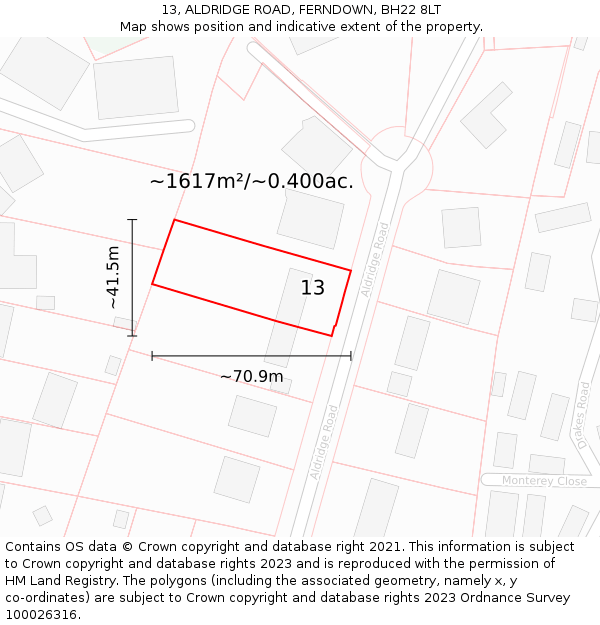 13, ALDRIDGE ROAD, FERNDOWN, BH22 8LT: Plot and title map