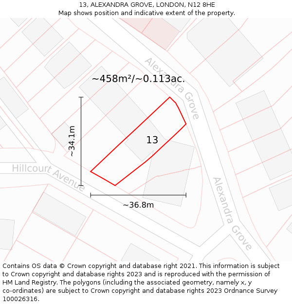 13, ALEXANDRA GROVE, LONDON, N12 8HE: Plot and title map