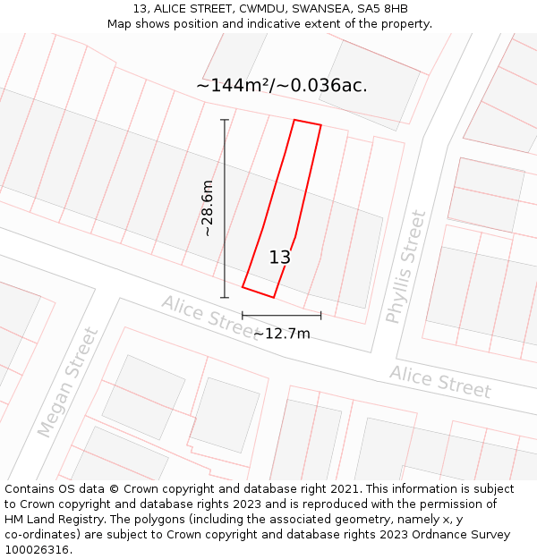 13, ALICE STREET, CWMDU, SWANSEA, SA5 8HB: Plot and title map