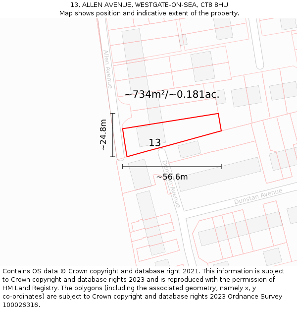 13, ALLEN AVENUE, WESTGATE-ON-SEA, CT8 8HU: Plot and title map