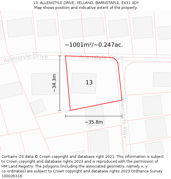 13, ALLENSTYLE DRIVE, YELLAND, BARNSTAPLE, EX31 3DY: Plot and title map