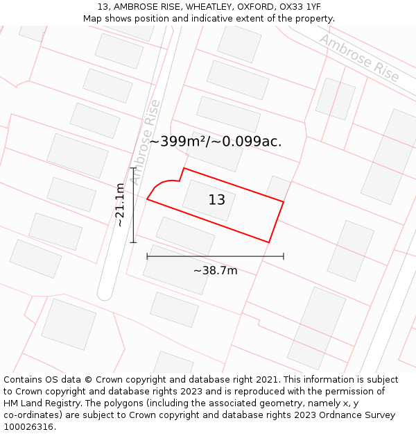 13, AMBROSE RISE, WHEATLEY, OXFORD, OX33 1YF: Plot and title map