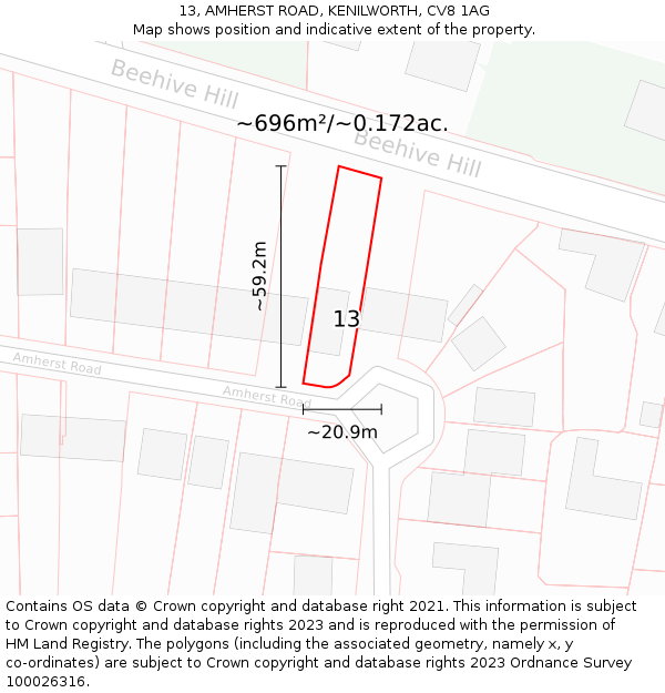 13, AMHERST ROAD, KENILWORTH, CV8 1AG: Plot and title map