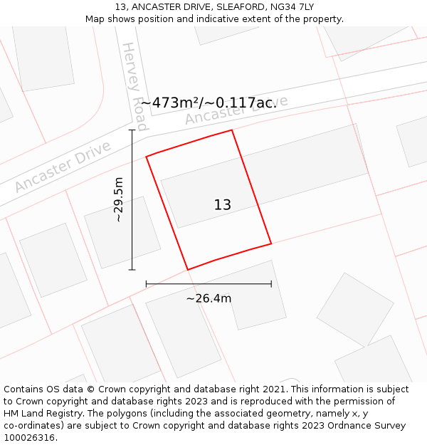 13, ANCASTER DRIVE, SLEAFORD, NG34 7LY: Plot and title map