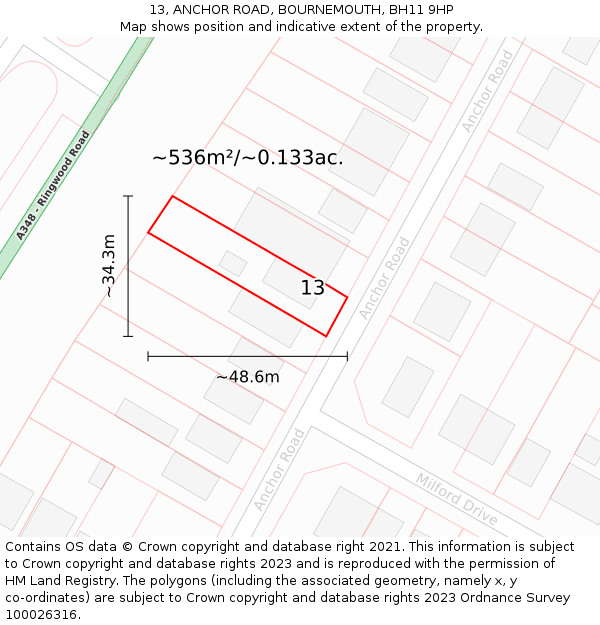 13, ANCHOR ROAD, BOURNEMOUTH, BH11 9HP: Plot and title map