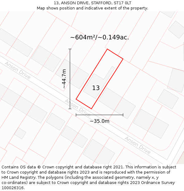 13, ANSON DRIVE, STAFFORD, ST17 0LT: Plot and title map