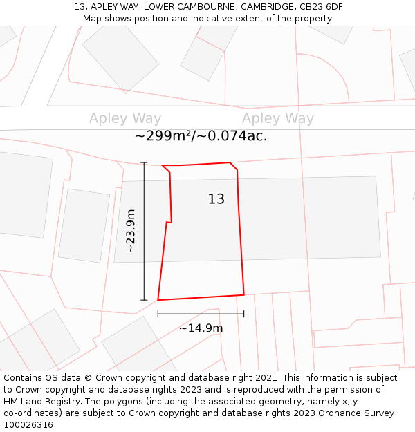 13, APLEY WAY, LOWER CAMBOURNE, CAMBRIDGE, CB23 6DF: Plot and title map