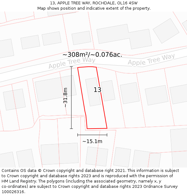 13, APPLE TREE WAY, ROCHDALE, OL16 4SW: Plot and title map