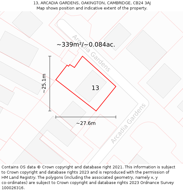 13, ARCADIA GARDENS, OAKINGTON, CAMBRIDGE, CB24 3AJ: Plot and title map