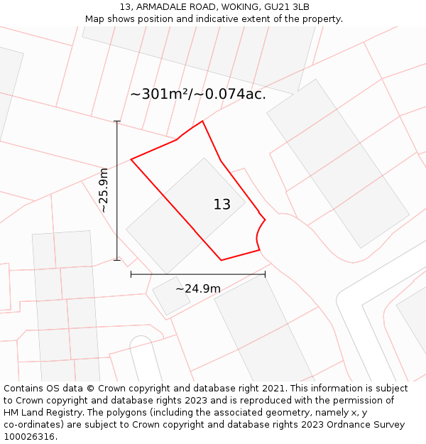 13, ARMADALE ROAD, WOKING, GU21 3LB: Plot and title map