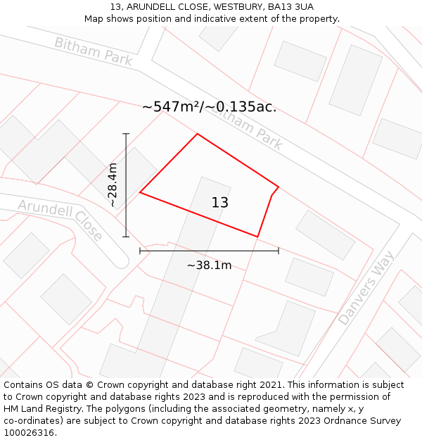 13, ARUNDELL CLOSE, WESTBURY, BA13 3UA: Plot and title map