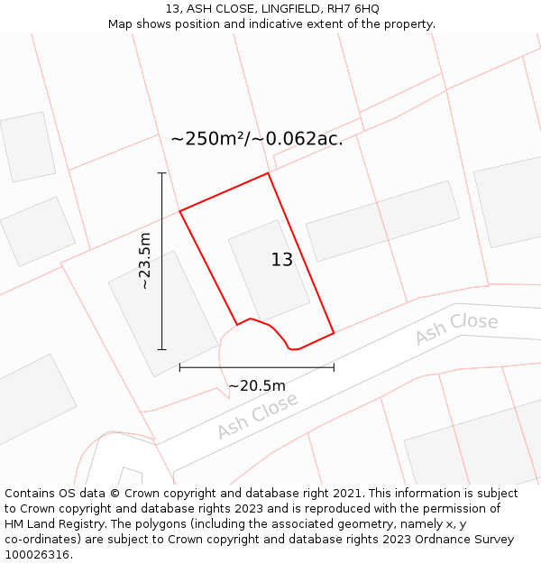 13, ASH CLOSE, LINGFIELD, RH7 6HQ: Plot and title map