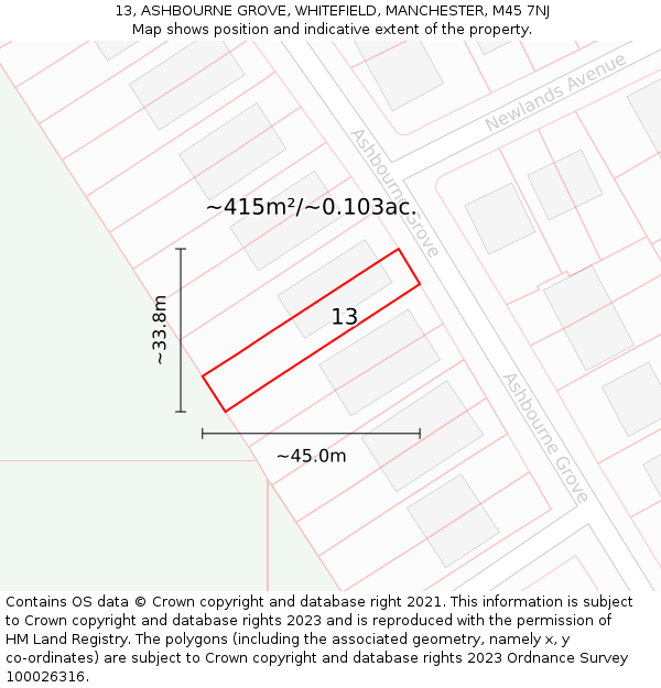 13, ASHBOURNE GROVE, WHITEFIELD, MANCHESTER, M45 7NJ: Plot and title map