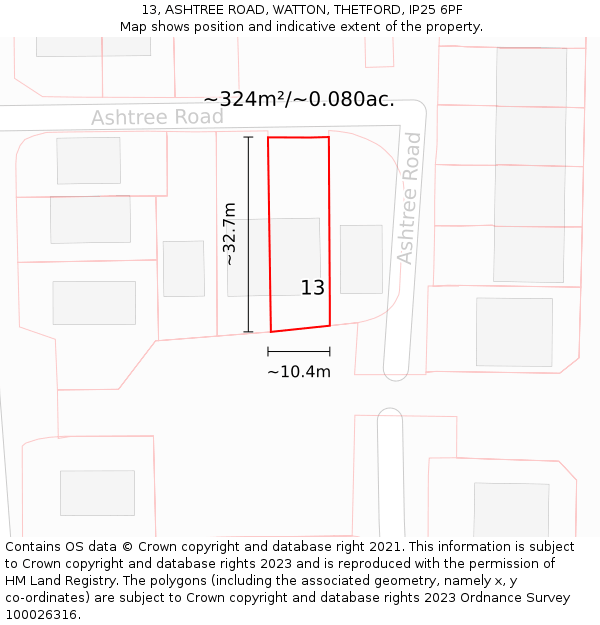 13, ASHTREE ROAD, WATTON, THETFORD, IP25 6PF: Plot and title map
