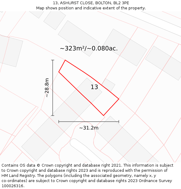 13, ASHURST CLOSE, BOLTON, BL2 3PE: Plot and title map