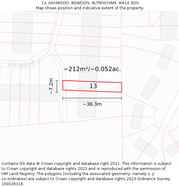 13, ASHWOOD, BOWDON, ALTRINCHAM, WA14 3DN: Plot and title map
