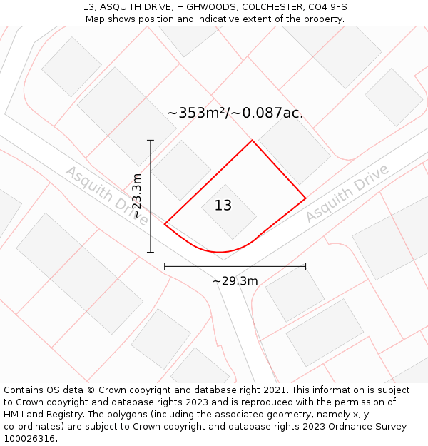 13, ASQUITH DRIVE, HIGHWOODS, COLCHESTER, CO4 9FS: Plot and title map