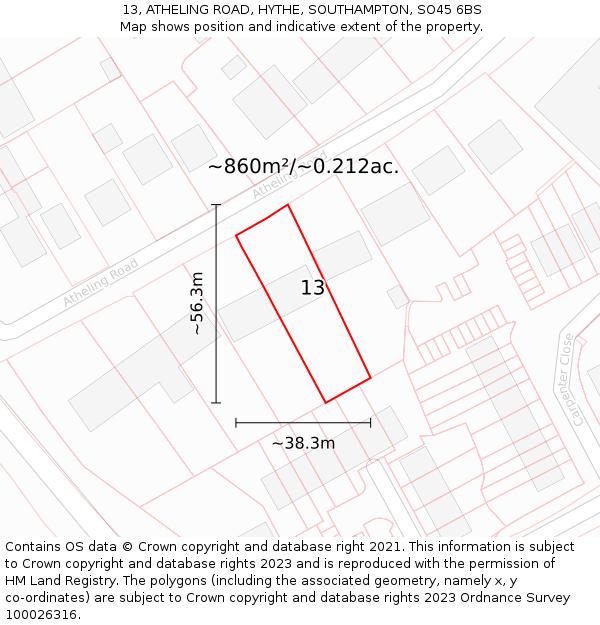 13, ATHELING ROAD, HYTHE, SOUTHAMPTON, SO45 6BS: Plot and title map