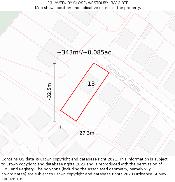 13, AVEBURY CLOSE, WESTBURY, BA13 3TE: Plot and title map