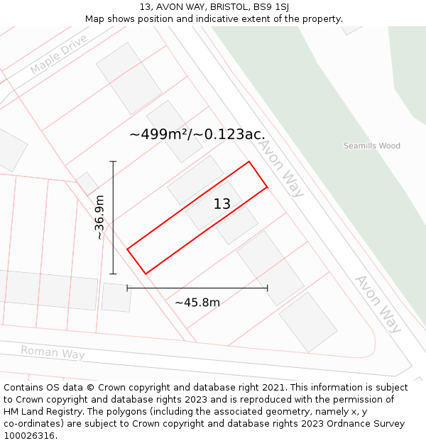 13, AVON WAY, BRISTOL, BS9 1SJ: Plot and title map