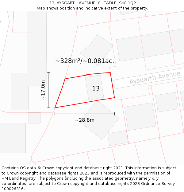 13, AYSGARTH AVENUE, CHEADLE, SK8 1QP: Plot and title map