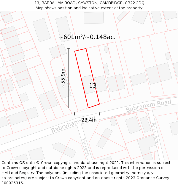 13, BABRAHAM ROAD, SAWSTON, CAMBRIDGE, CB22 3DQ: Plot and title map