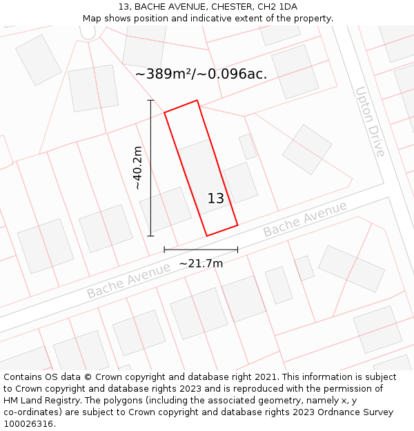 13, BACHE AVENUE, CHESTER, CH2 1DA: Plot and title map