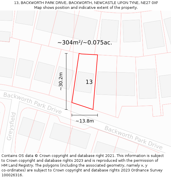 13, BACKWORTH PARK DRIVE, BACKWORTH, NEWCASTLE UPON TYNE, NE27 0XF: Plot and title map