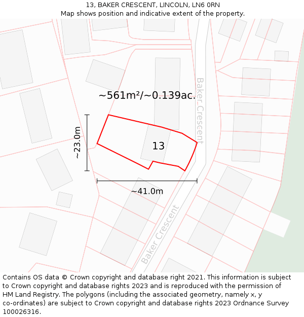 13, BAKER CRESCENT, LINCOLN, LN6 0RN: Plot and title map