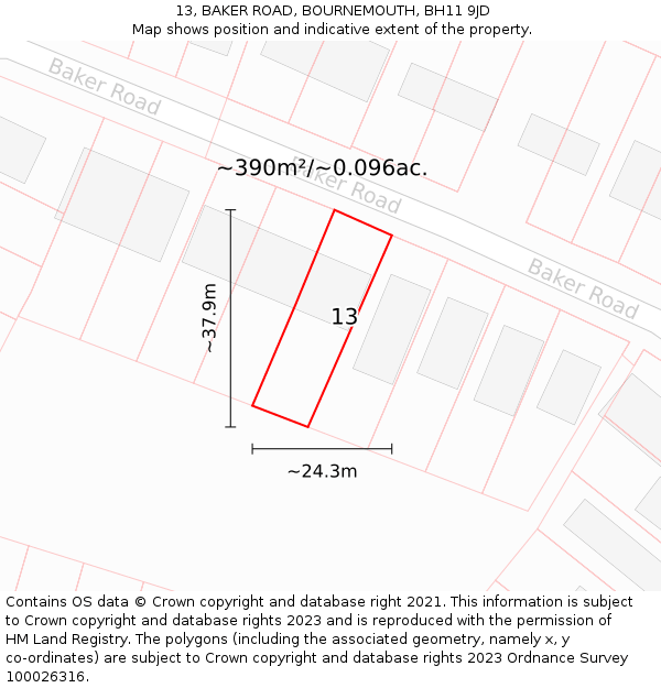 13, BAKER ROAD, BOURNEMOUTH, BH11 9JD: Plot and title map