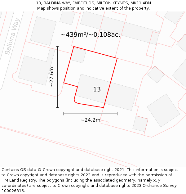 13, BALBINA WAY, FAIRFIELDS, MILTON KEYNES, MK11 4BN: Plot and title map