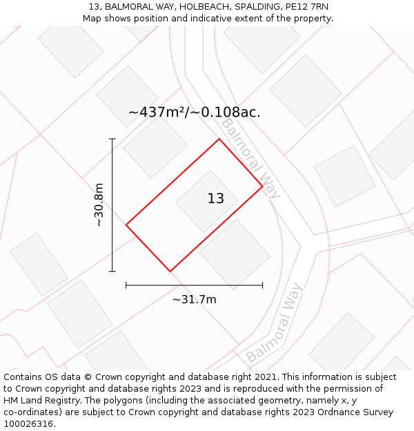 13, BALMORAL WAY, HOLBEACH, SPALDING, PE12 7RN: Plot and title map