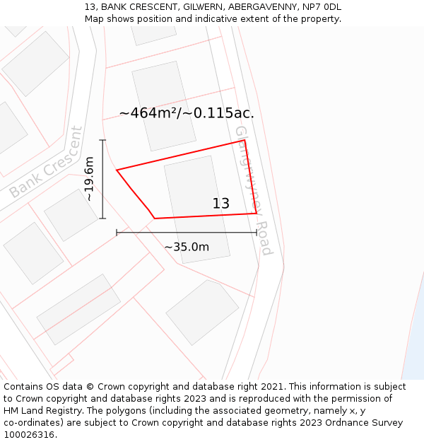 13, BANK CRESCENT, GILWERN, ABERGAVENNY, NP7 0DL: Plot and title map