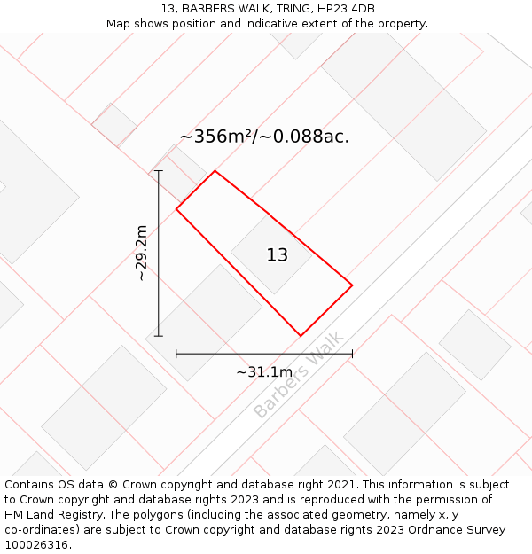 13, BARBERS WALK, TRING, HP23 4DB: Plot and title map